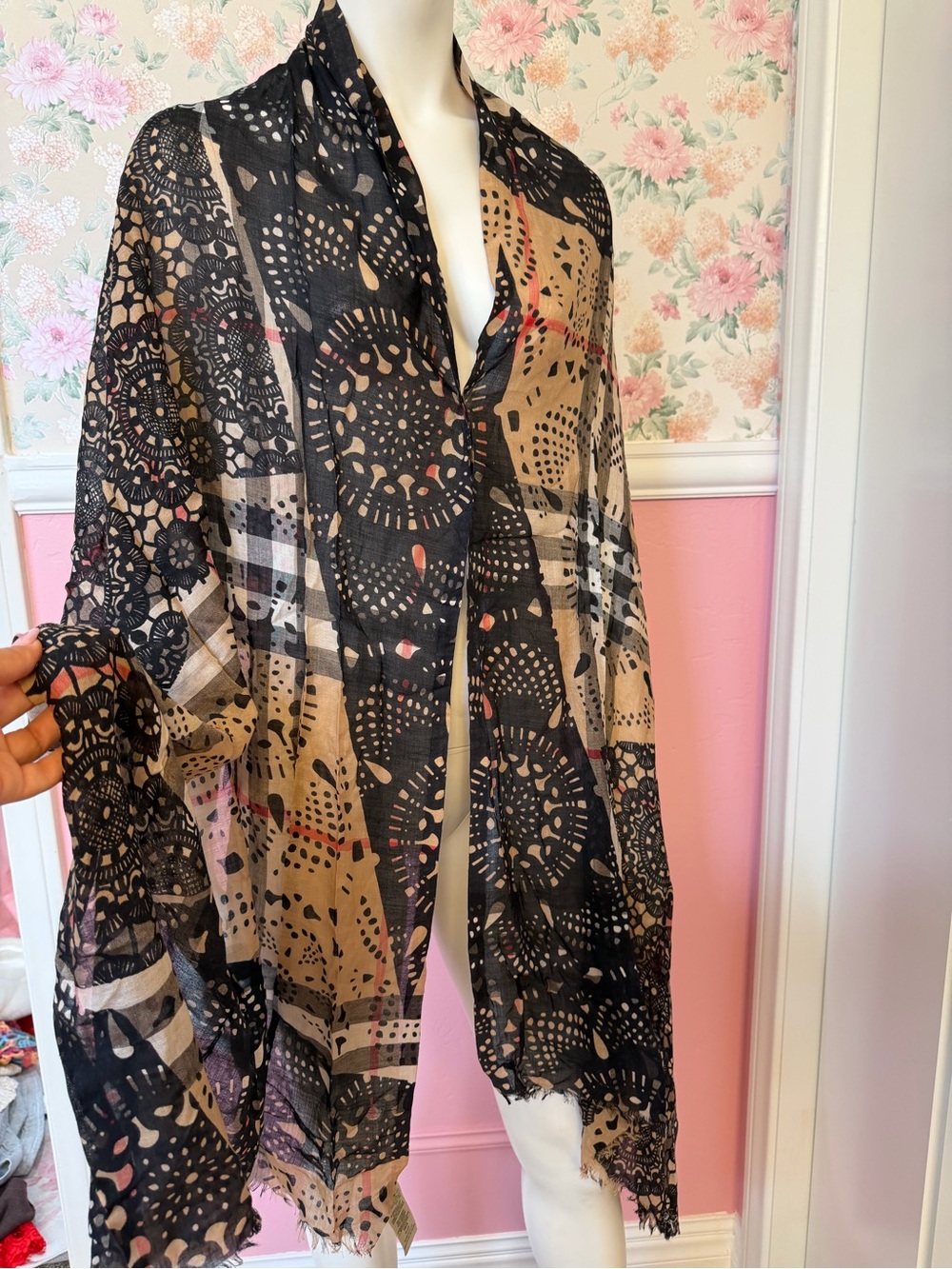 Burberry Black, Tan and Pink Patterned Lightweight Scarf